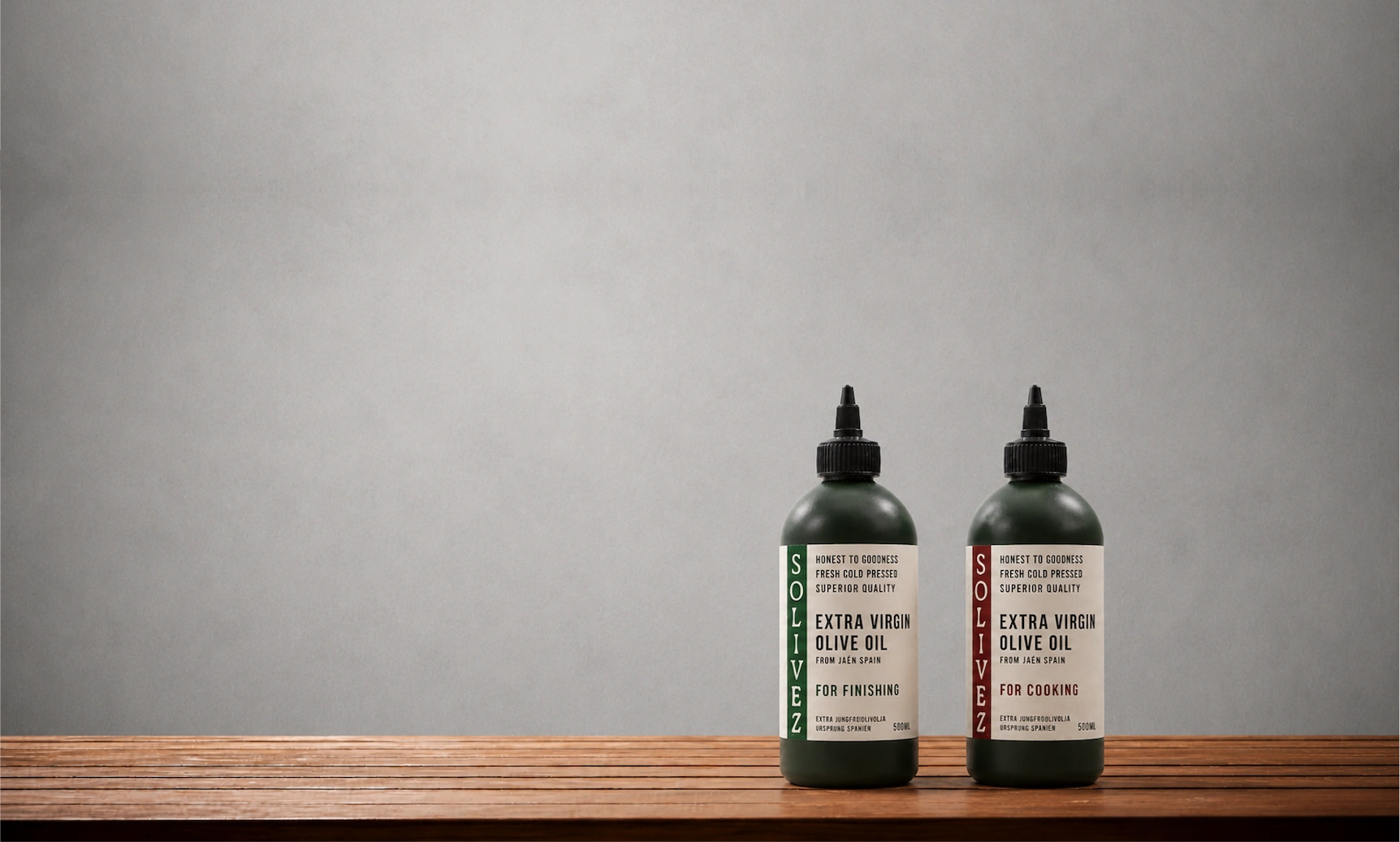 Solivez extra virgin olive oil - finishing and cooking bottles on a wooden table